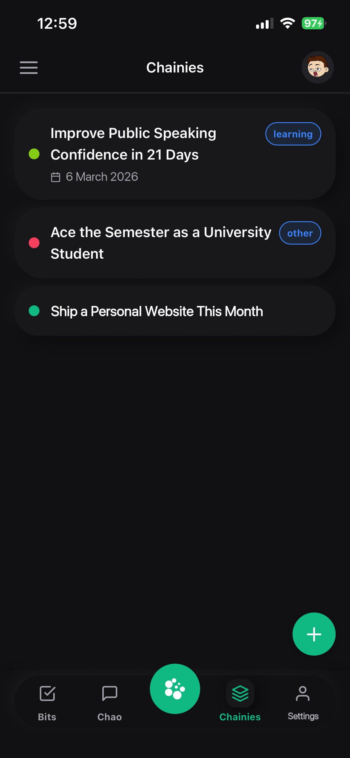 Task list on the Chainabit mobile app