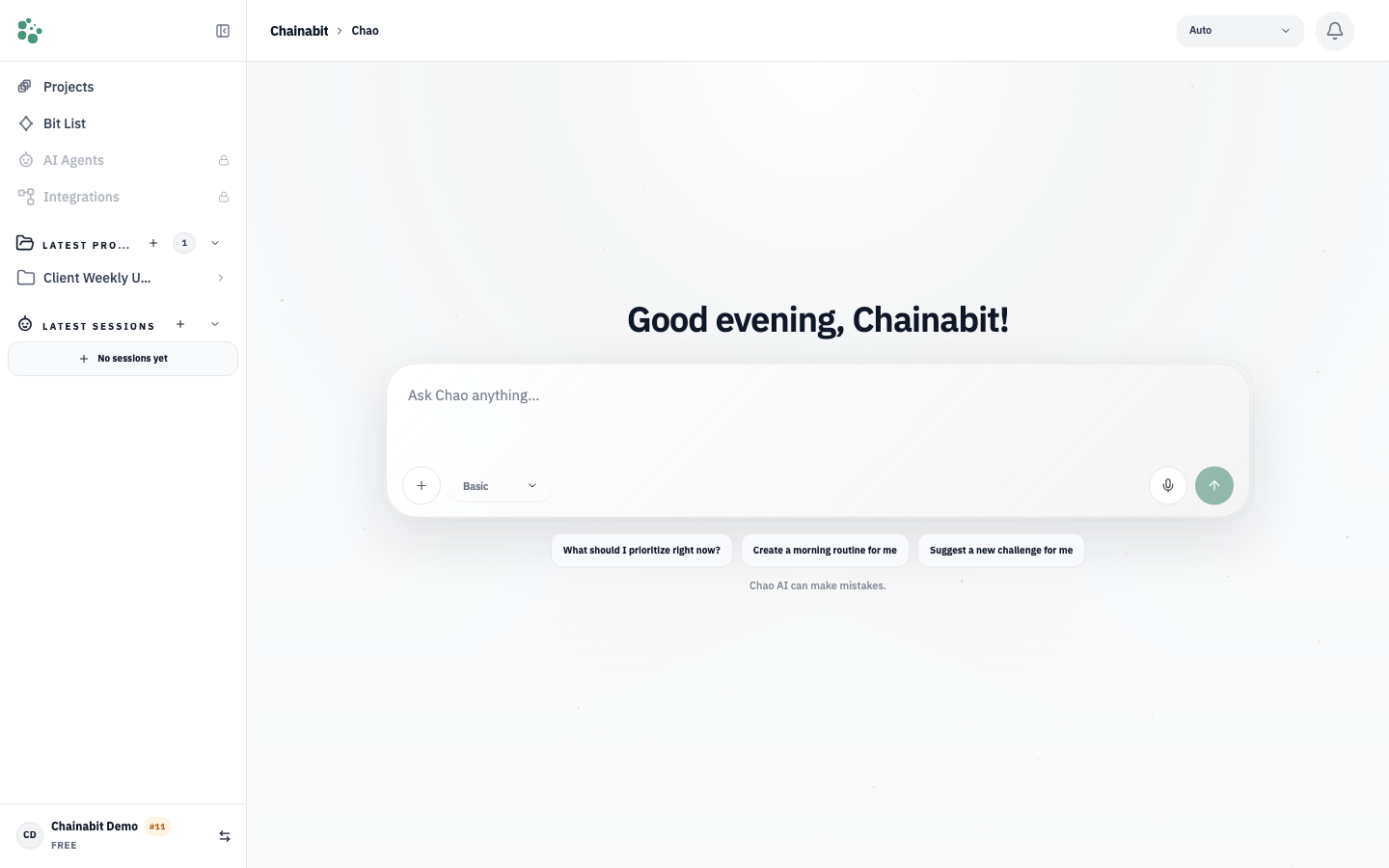 Chao session in the Chainabit web app: a delegated task with the plan, tool calls and the finished output