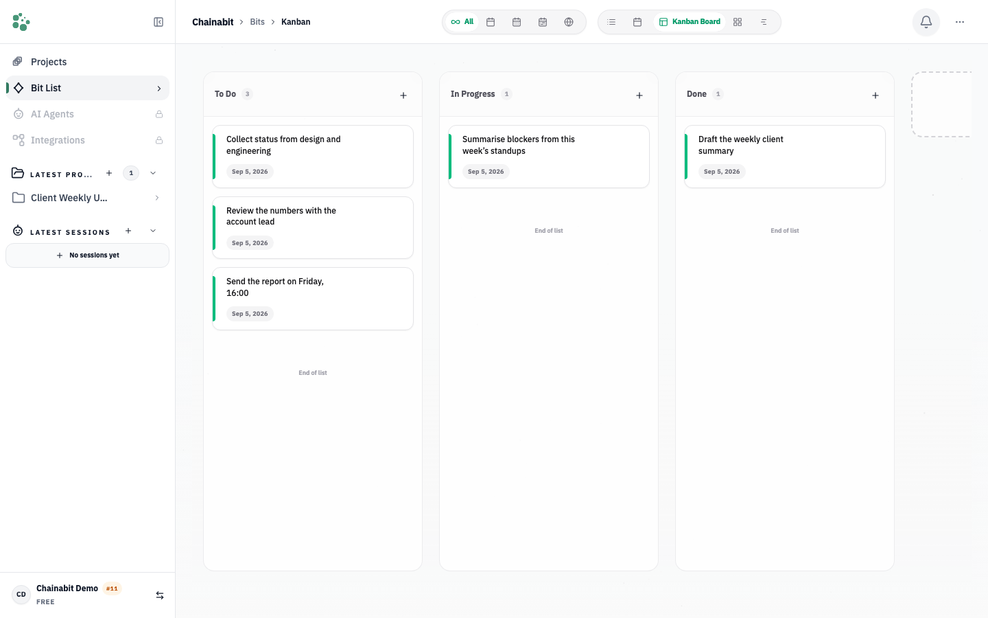 Kanban view of a project with tasks grouped by status